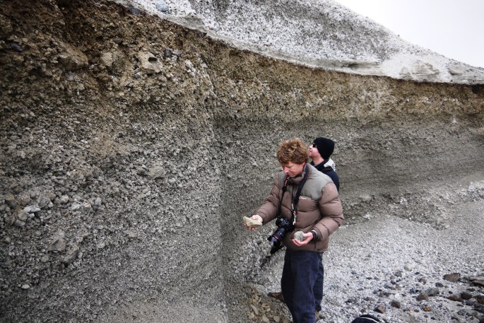 James and Clive examining millennium ash layer at caldera